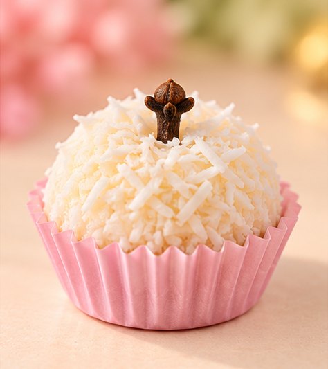 Beijinho de coco com cravo em forminha rosa