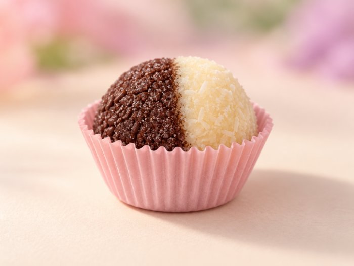 Casadinho metade brigadeiro, metade beijinho, em forminha rosa