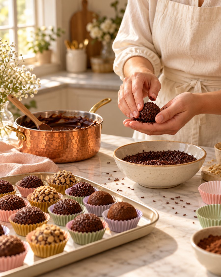 Mãos da confeiteira enrolando brigadeiros na cozinha, com bandeja de docinhos em forminhas coloridas